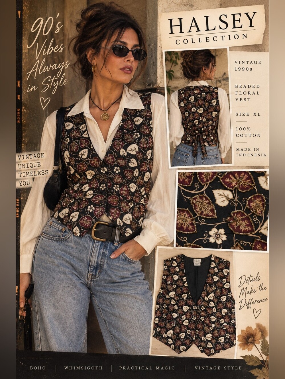 Vintage 90s Halsey Collection Beaded Floral Vest XL Whimsigoth Boho